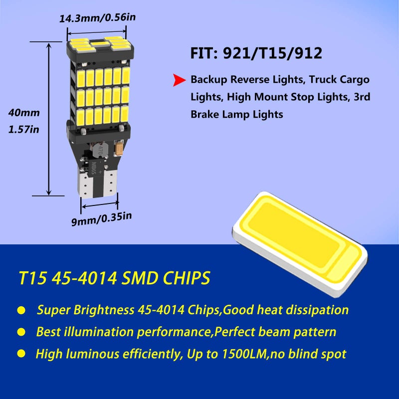 firiKer 4PCS Super Bright 921 T15 912 W16W LED Reverse Lights, Error Free 904 Led 921 Bulbs 45SMD-4014 Chipsets, 912 921 906 LED Car Bulbs For Car Truck Backup Reverse Lights, 1500 Lumens 6500K White - Image 2